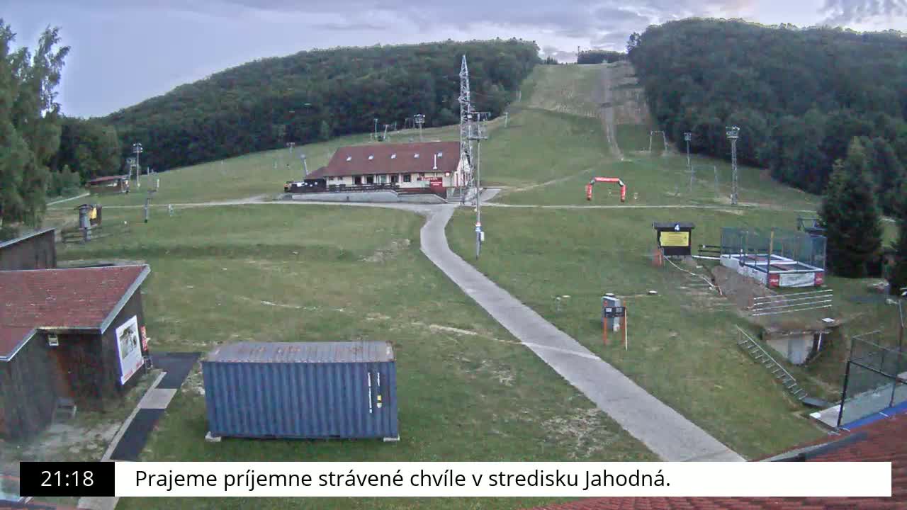 A ski slope with a building, grassy areas, and overcast skies is visible.