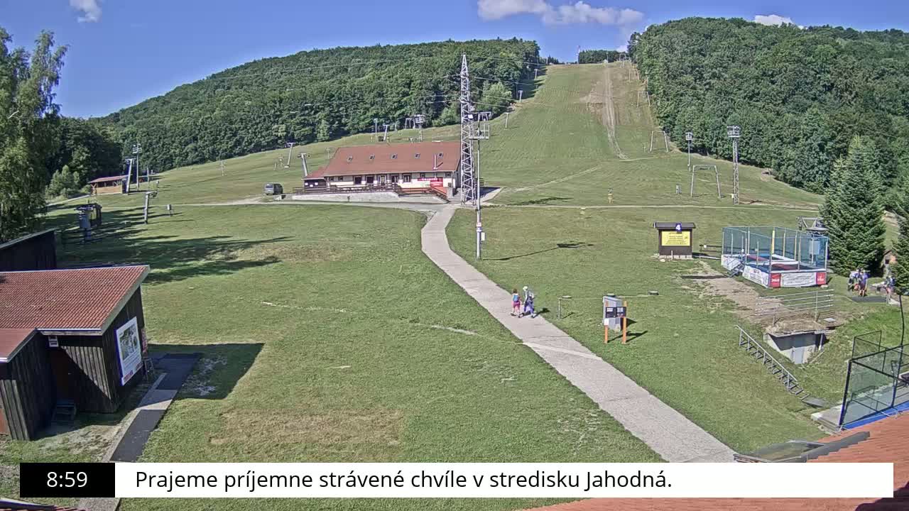 A grassy ski slope with a building, lift towers, and a few people walking on a paved path on a sunny day.