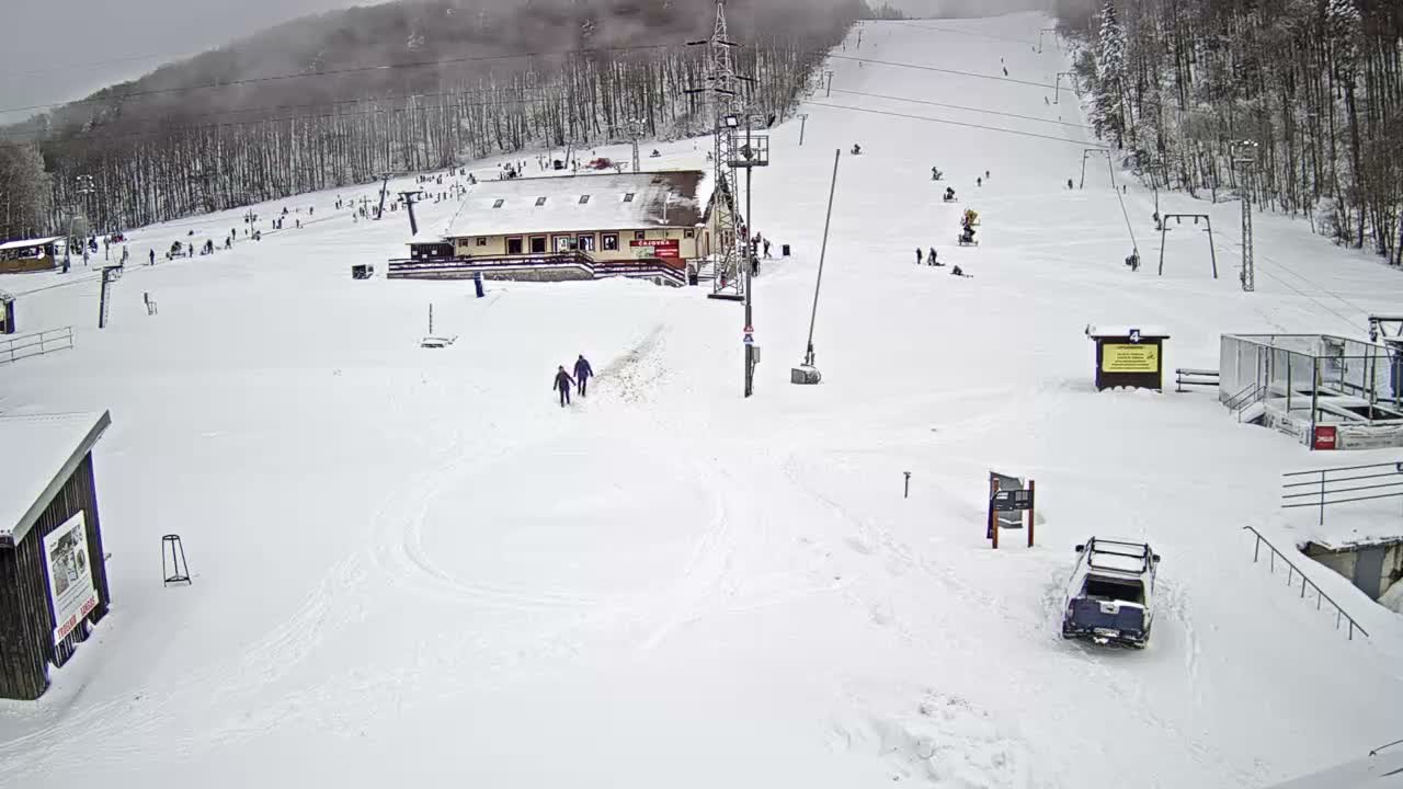 A wide view of a snow-covered ski resort shows numerous skiers and snowboarders on slopes, buildings, and ski lifts, under an overcast sky.