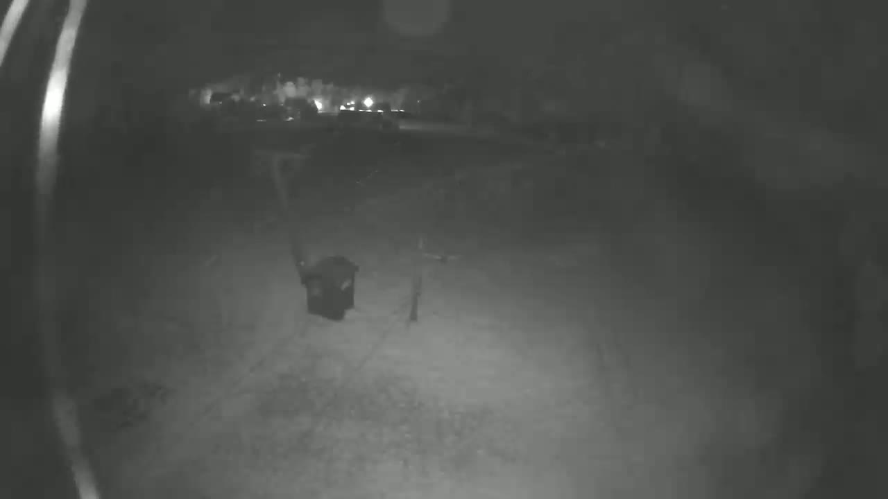 A nighttime, low-light image shows a dark, indistinct object that may be a trash can in a yard.