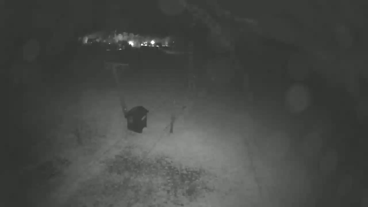 A nighttime, low-light image shows a dark yard with a mailbox and blurry lights in the distance.