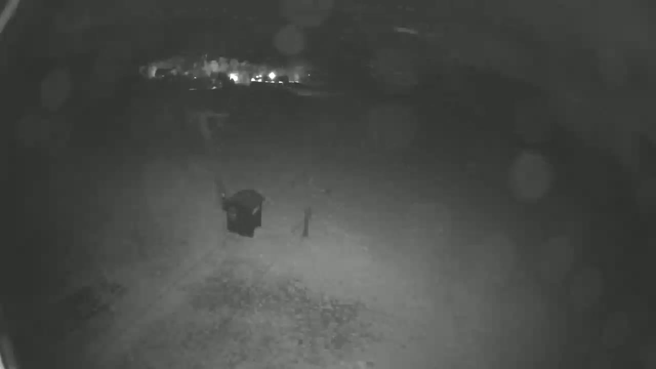 A nighttime, low-light image shows a dark object, possibly a trash can, in a gravel or dirt area with blurry lights in the background.