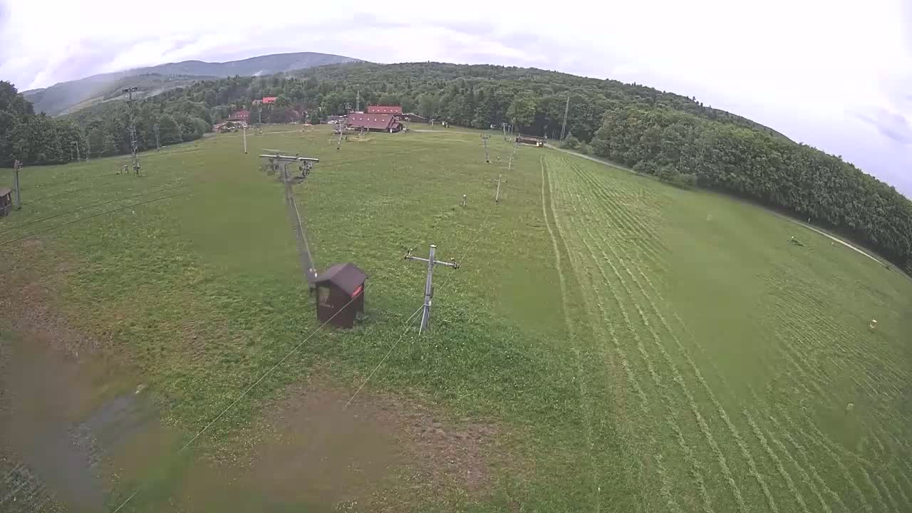 A mostly overcast day reveals a grassy field with a ski lift infrastructure and a small building, bordered by a line of trees and distant mountains.