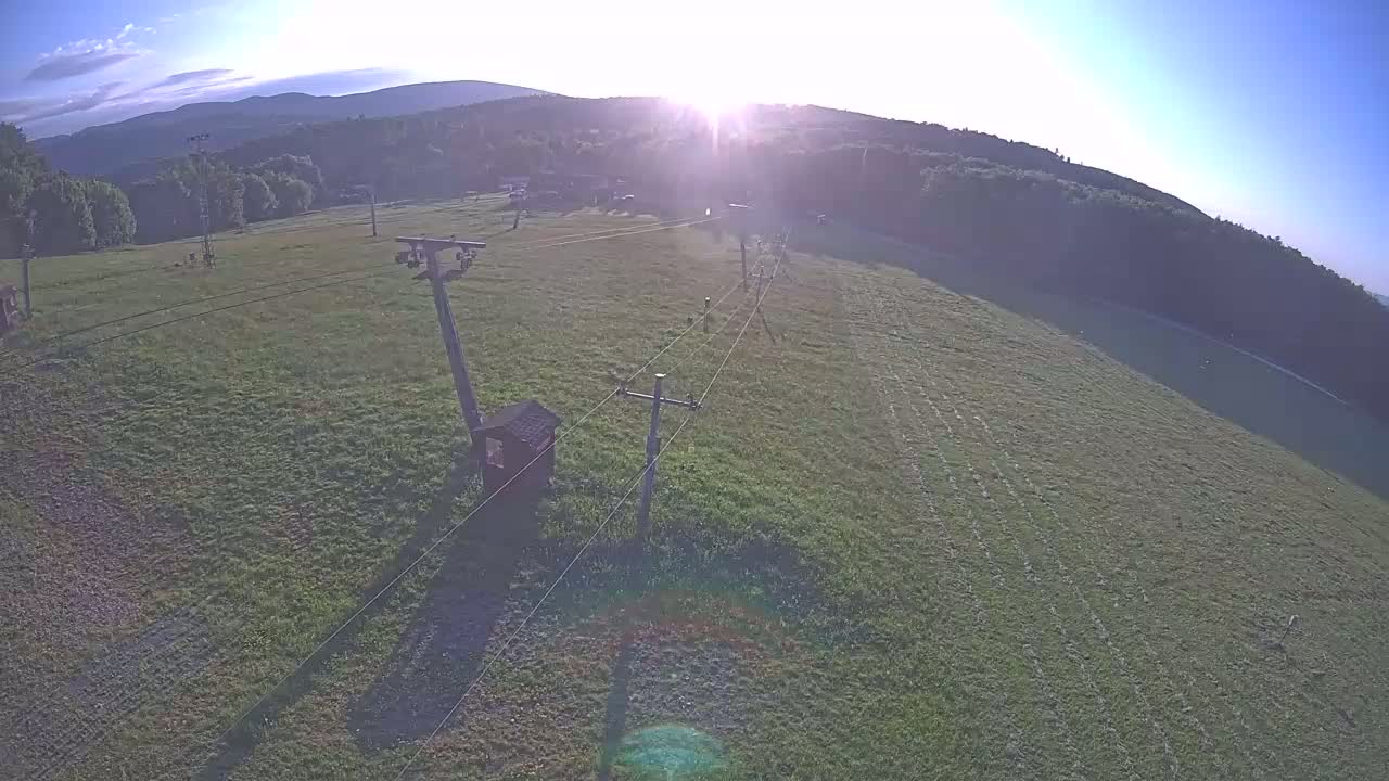 An aerial view shows a grassy hillside with a chairlift system, under sunny skies and the sun shining brightly behind distant mountains.