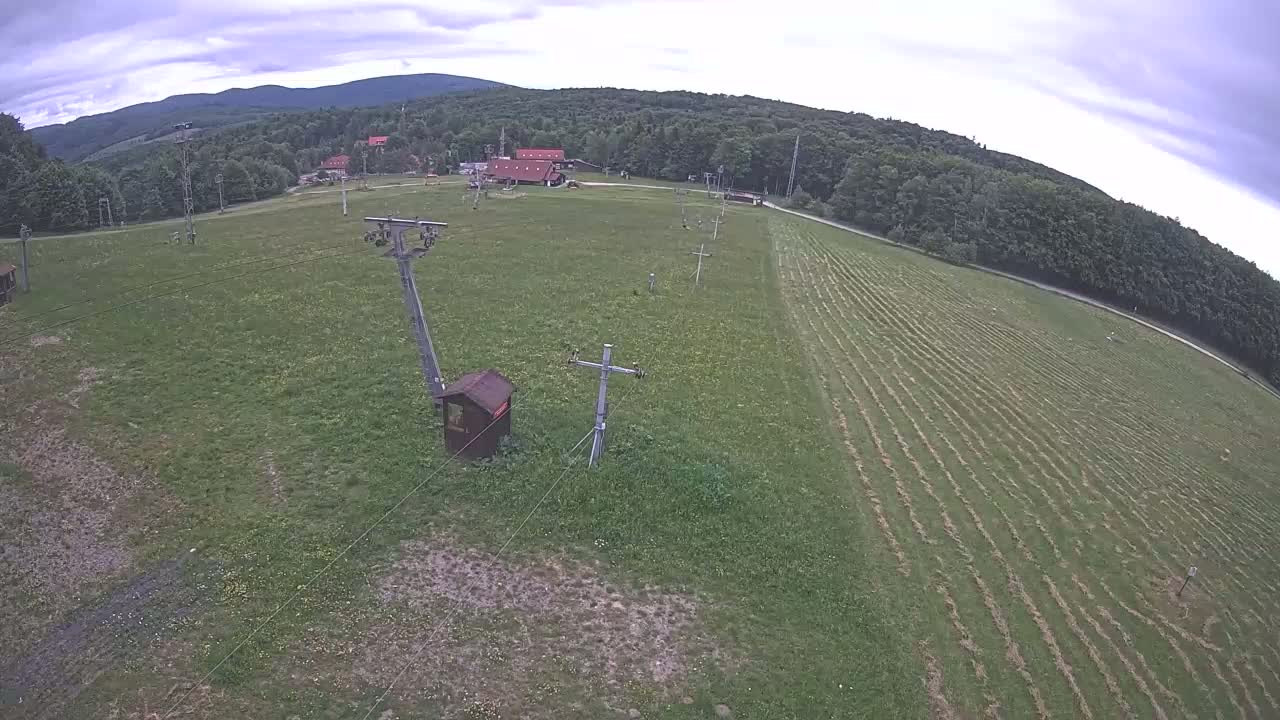 An aerial view shows a grassy field with a ski lift infrastructure, a few small buildings, and a forest-covered mountain in the background under overcast skies.