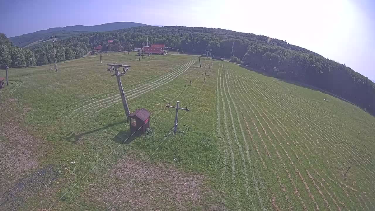 A mowed grassy field with a ski lift infrastructure, a small building, and a forested mountain in the background under a clear sky.