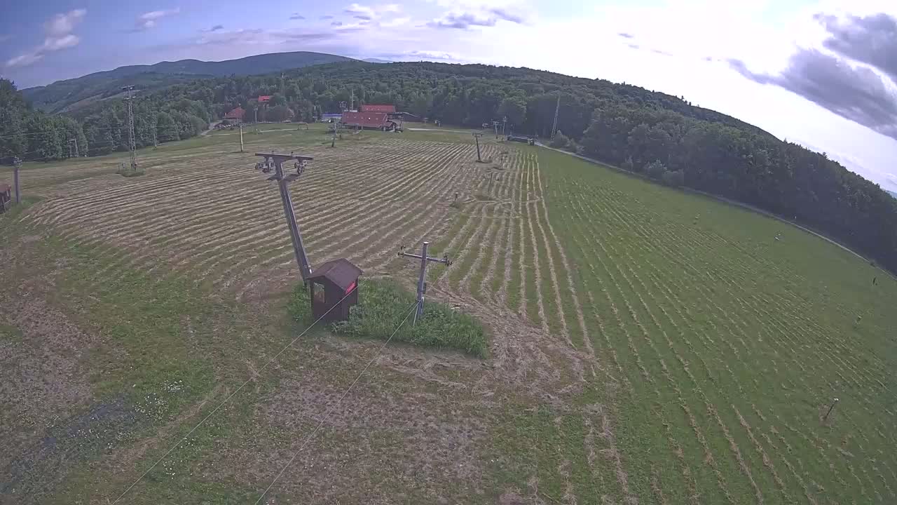 A grassy field with rows of cut hay, two ski lift poles, and a small building sits below a partly cloudy sky and forested hills in the background.