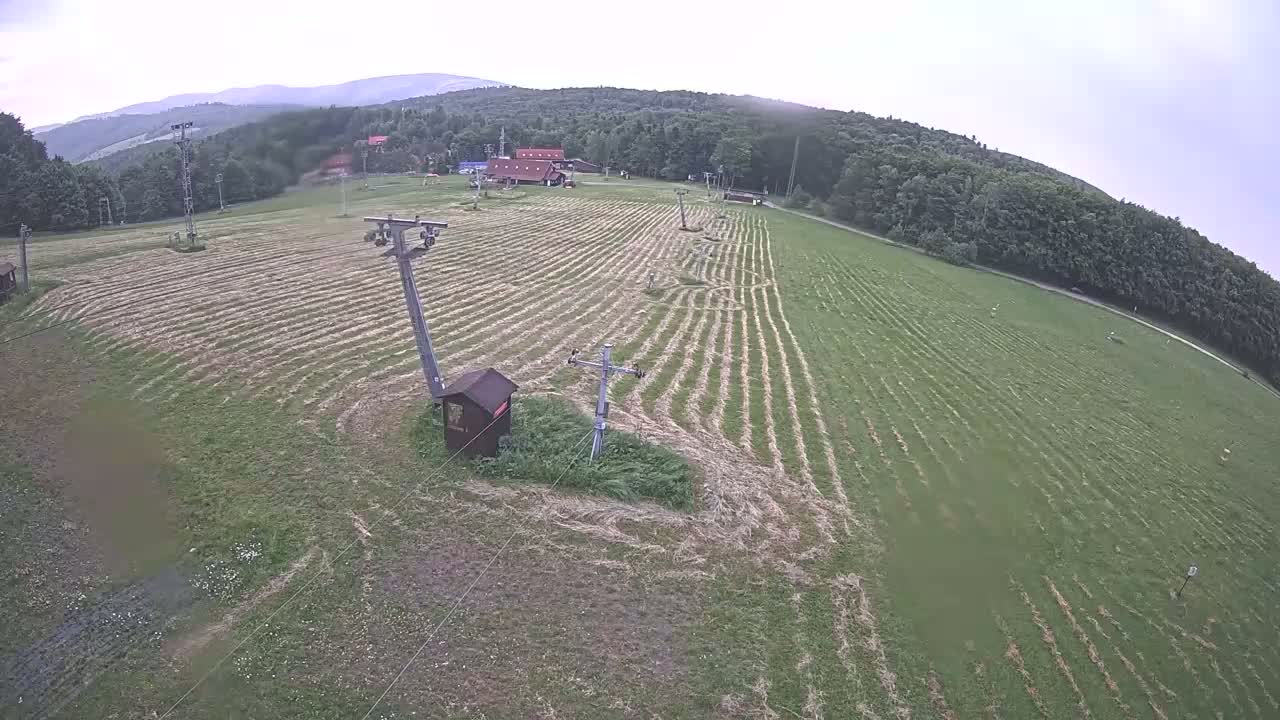 An overcast day shows a large grassy field with parallel lines cut into the grass, ski lift equipment, and a small building, bordered by a line of trees and distant mountains.