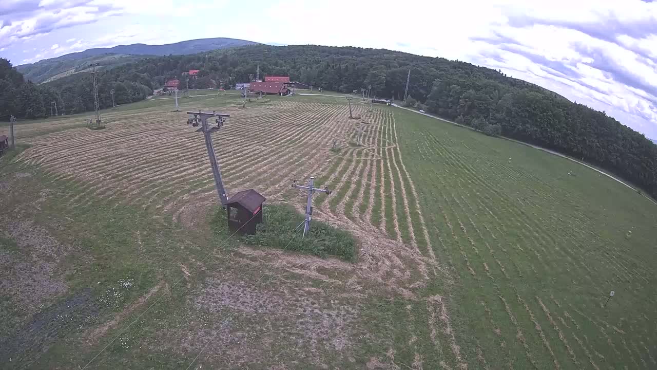 An aerial view shows a mowed grassy field with ski lift infrastructure, surrounded by a forest under a partly cloudy sky.