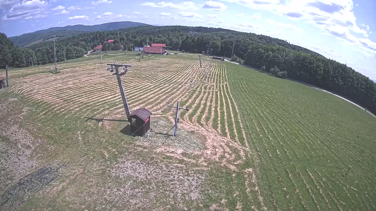 A mowed grassy field with two ski lifts and a small shed is visible under a mostly sunny sky, with a forest of trees and distant mountains in the background.
