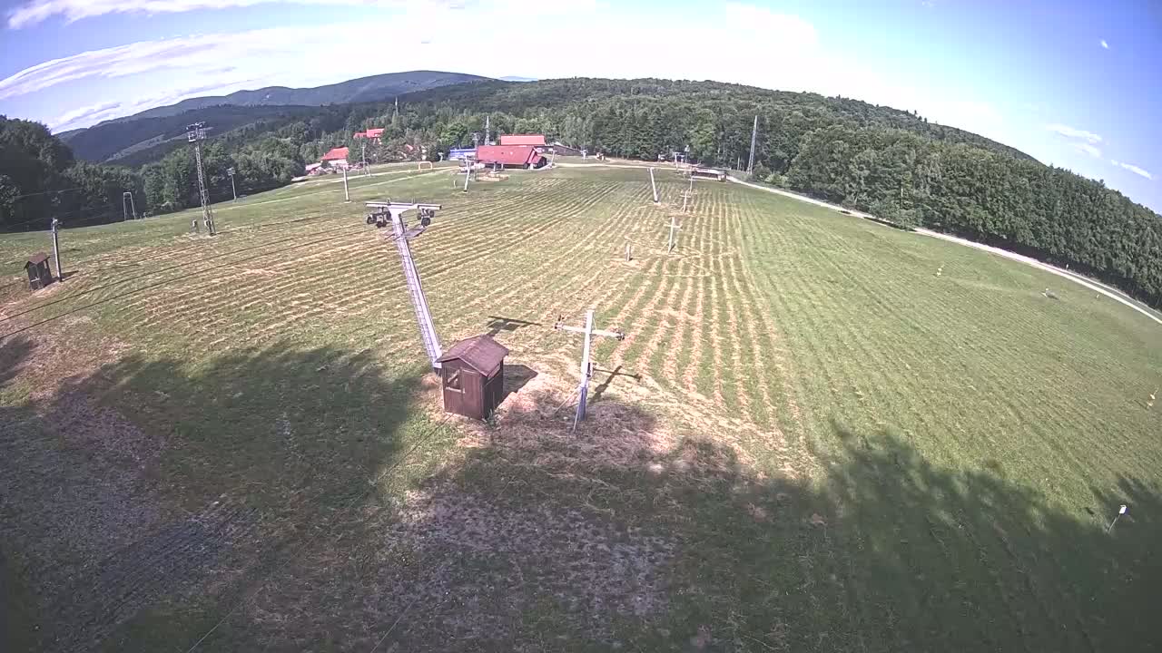 An aerial view shows a grassy field with ski lift infrastructure, a small building, and a forest of trees under a mostly sunny sky.