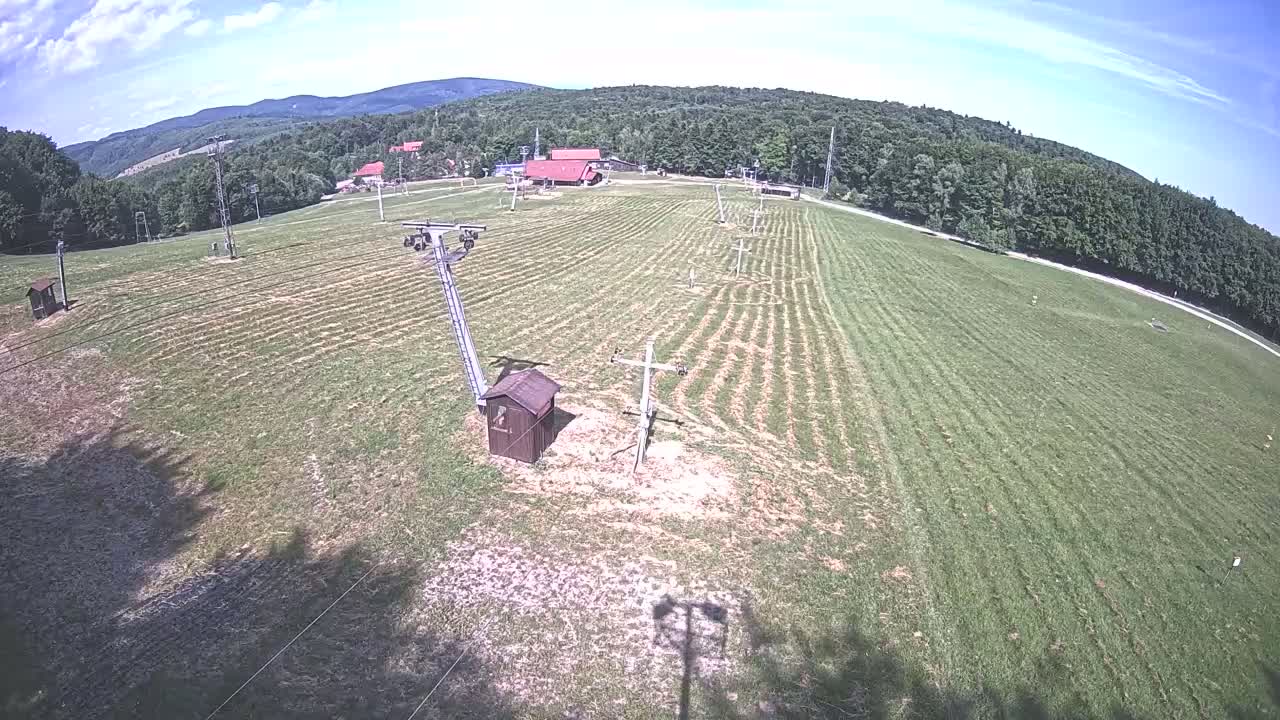 A grassy field with a ski lift infrastructure, a small shed, and a line of trees and buildings in the background under a partly cloudy sky.