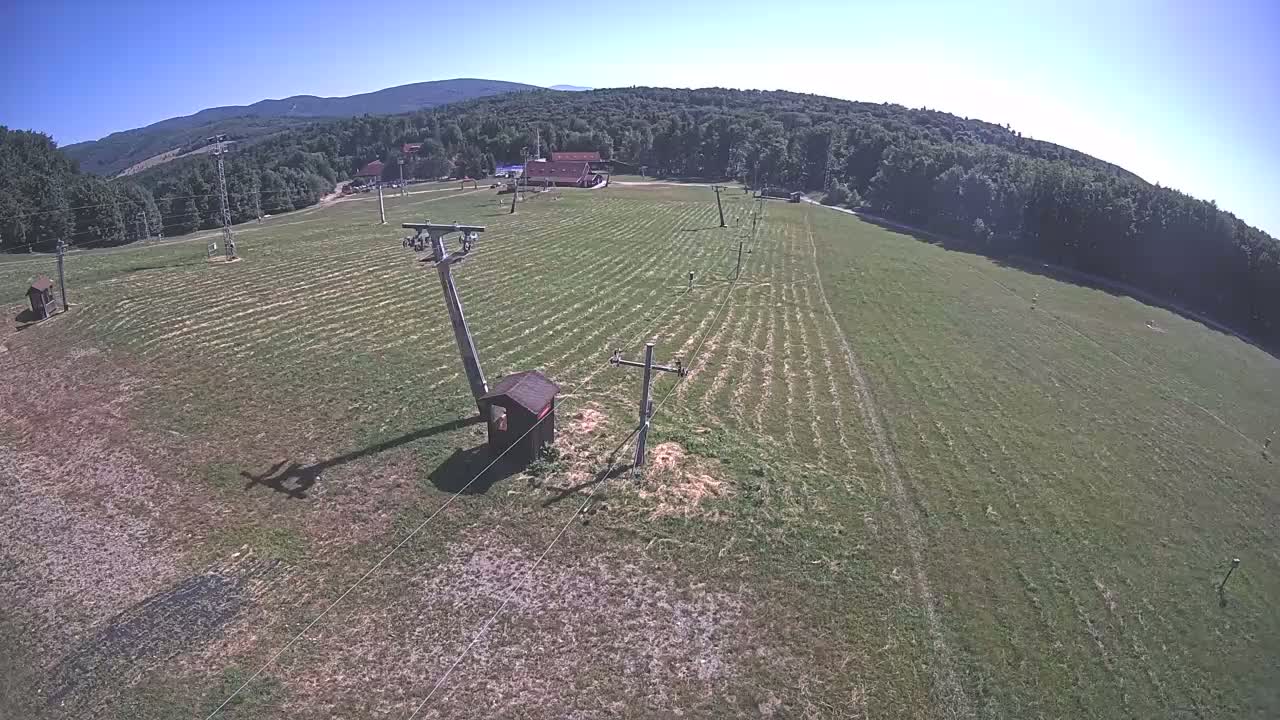 An aerial view shows a grassy field with a ski lift infrastructure under a clear, sunny sky, backed by a line of trees and distant mountains.