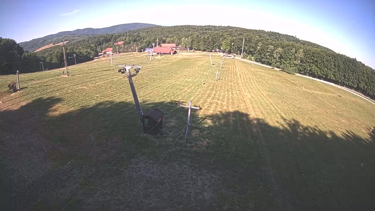 A grassy ski slope, with ski lifts and a building visible in the distance, is shown on a sunny day, surrounded by a forest of trees and mountains in the background.