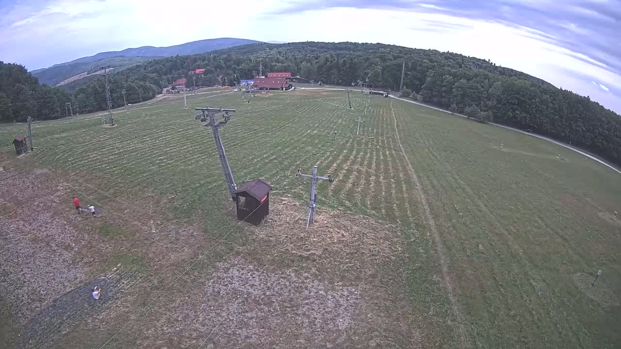 An aerial view shows a mostly flat, grassy field with a few people and ski lift infrastructure, under a partly cloudy sky.