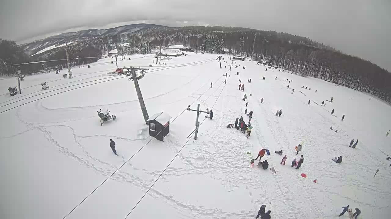 An aerial view captures a bustling ski resort on a cloudy winter day, filled with skiers, snowboarders, and people enjoying the snow, with ski lifts, snowmaking machines, and forested mountains in the background.