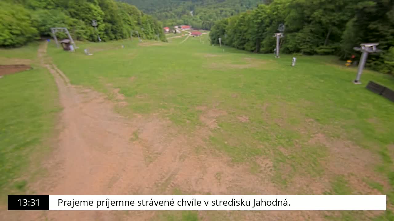 A grassy ski slope with a dirt path and ski lifts is visible, surrounded by a lush green forest on a clear day.