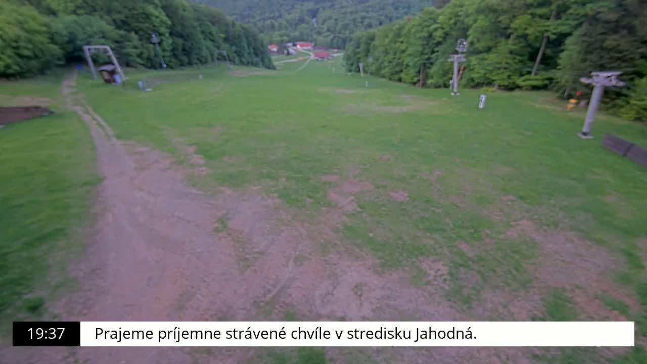 A grassy ski slope with a dirt path and ski lift infrastructure is visible, surrounded by lush green trees under what appears to be overcast skies.