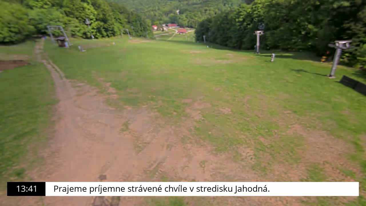 A grassy hill with a dirt path and two ski lift poles is visible, surrounded by lush green trees in sunny weather.