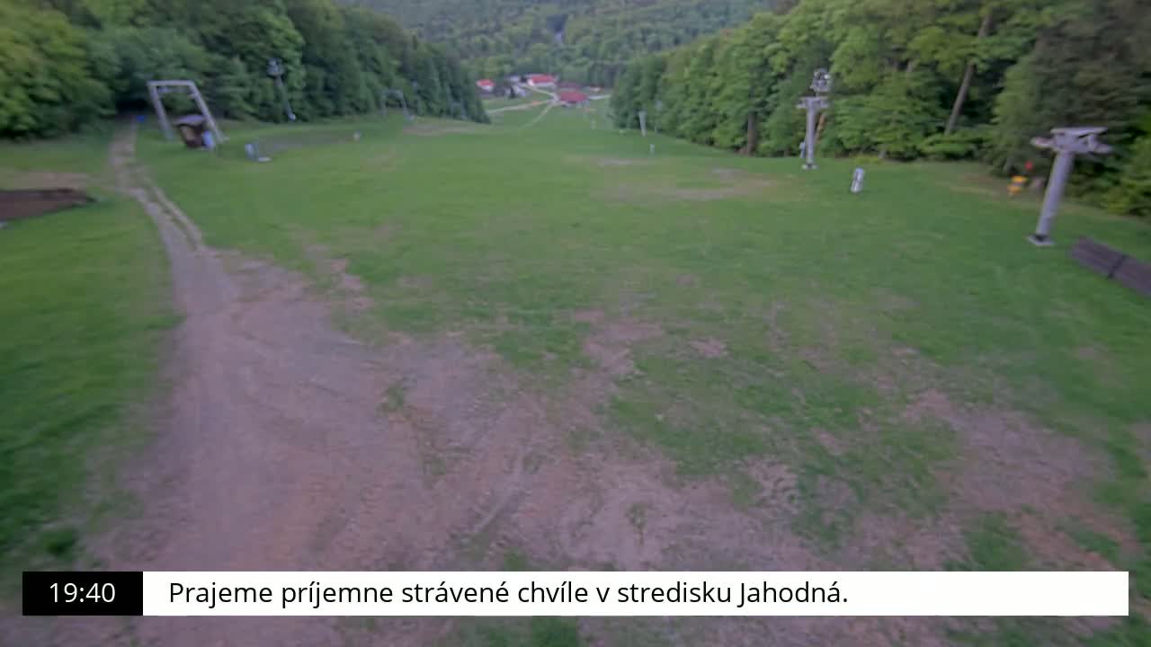 A grassy ski slope with two ski lifts is visible, surrounded by a forest under overcast skies.