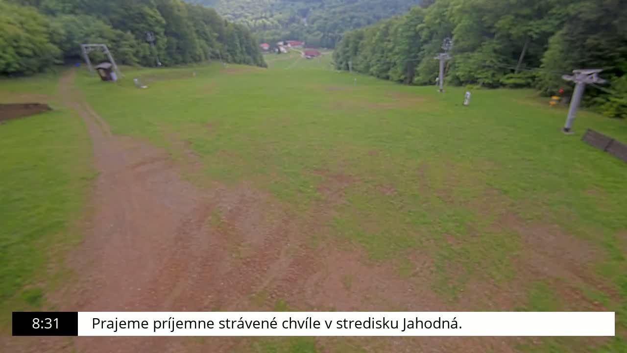 A grassy ski slope with a dirt path and chairlift infrastructure is visible, surrounded by a lush green forest under overcast skies.