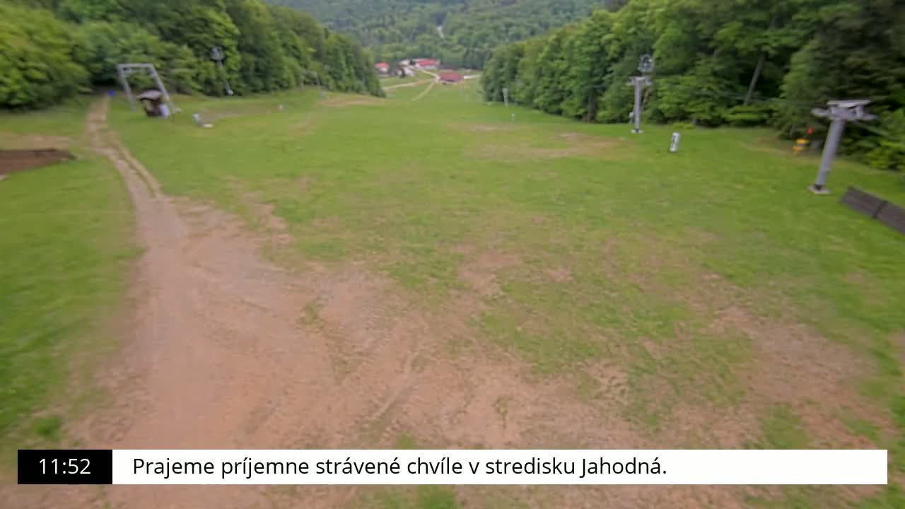 A grassy ski slope with a dirt path, ski lift infrastructure, and a wooded area in the background on a clear day.