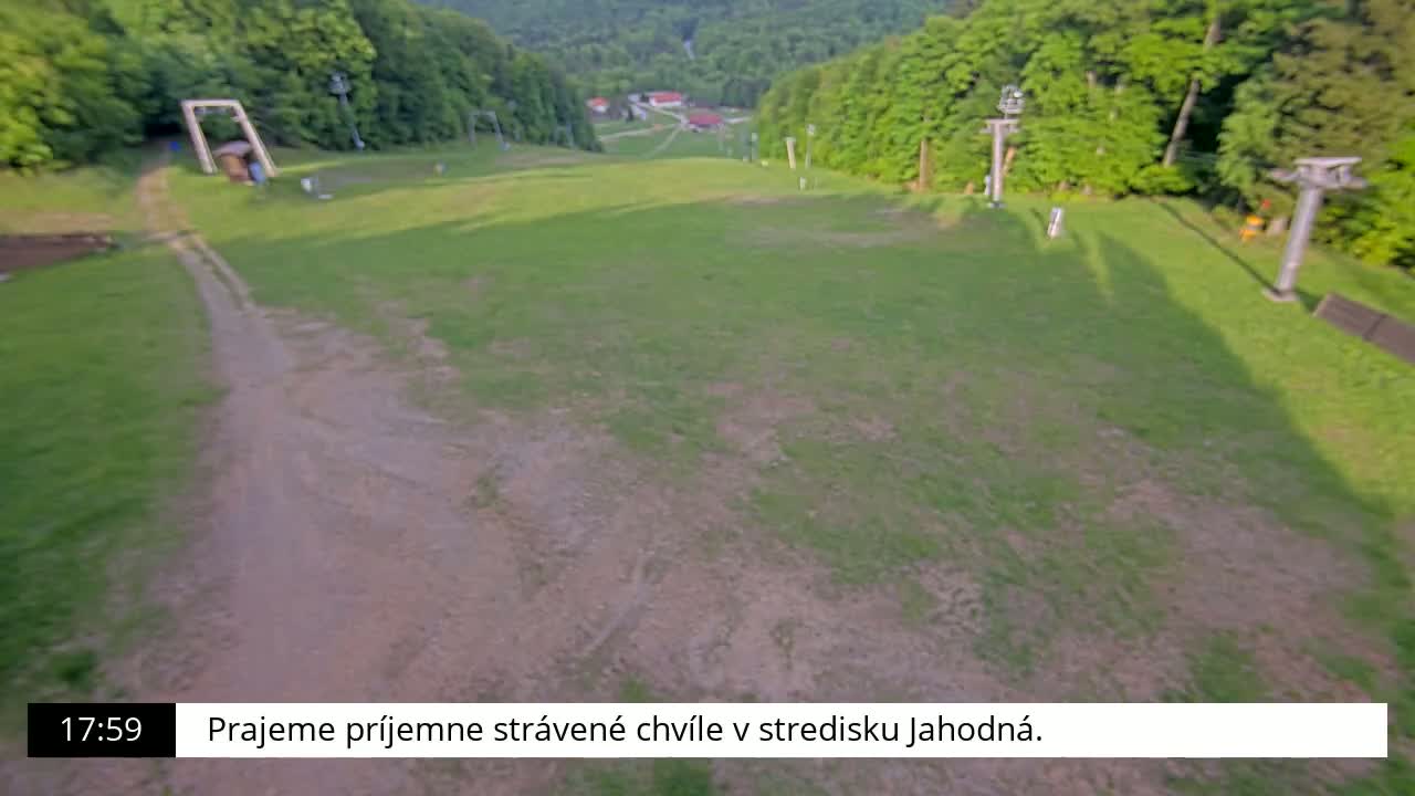 A grassy hillside slopes downward, revealing a dirt path and the skeletal remains of a chairlift system against a backdrop of lush green forest.