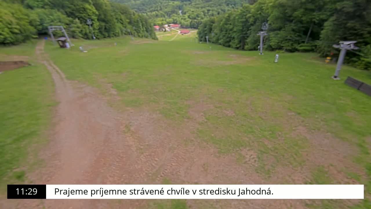A grassy hill with a dirt path and ski lift infrastructure is visible, surrounded by lush green trees on a clear day.