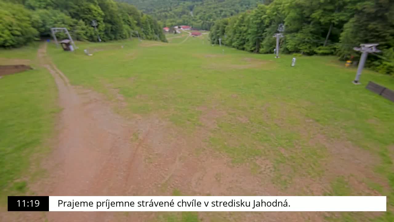 A grassy hill slopes downward toward a small cluster of buildings nestled in a green forest, with a dirt path and ski lift supports visible.