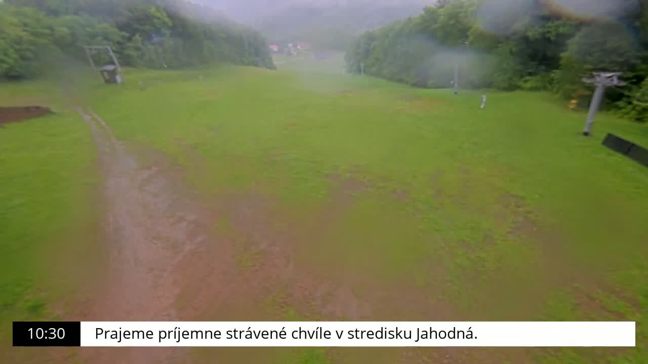 A rain-soaked grassy field with a muddy path and ski lift infrastructure is visible in the distance, under overcast skies.