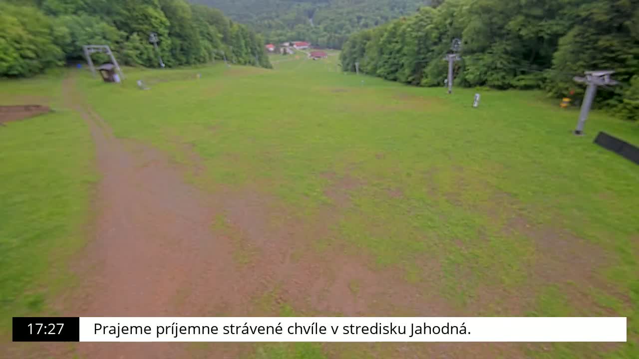 An empty grassy ski slope with two chairlift towers and a dirt path, surrounded by green trees on a cloudy day.