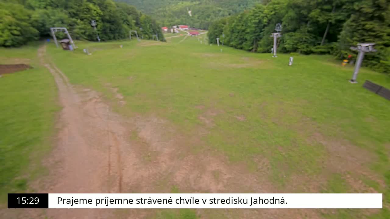 An aerial view shows a grassy ski slope with a dirt road and ski lift infrastructure, surrounded by lush green trees on a sunny day.