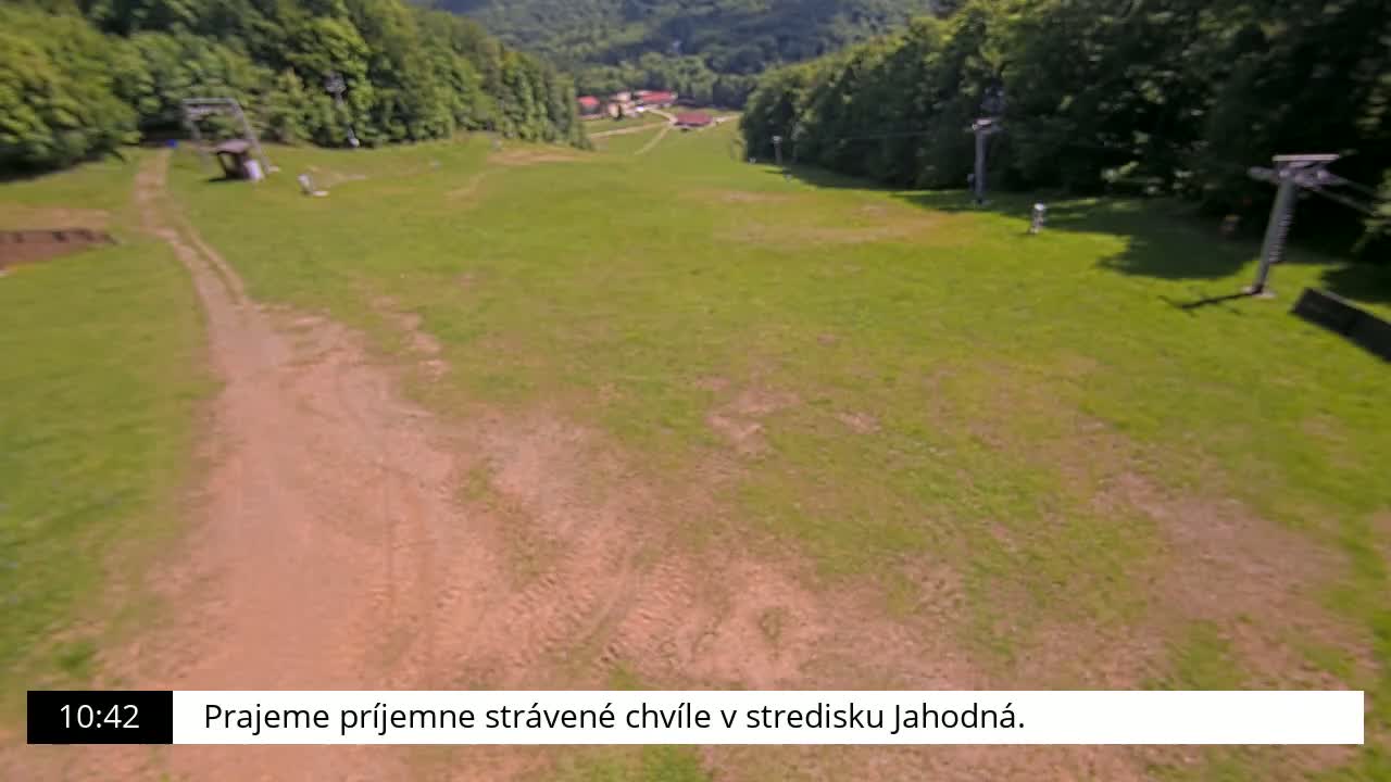 A grassy hillside with a dirt path and ski lift infrastructure is visible on a sunny day.