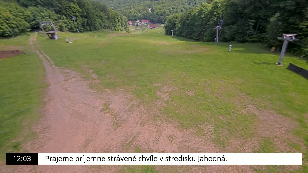 A grassy ski slope with a dirt path and inactive chairlifts is visible on a sunny day, with a forested area in the background.
