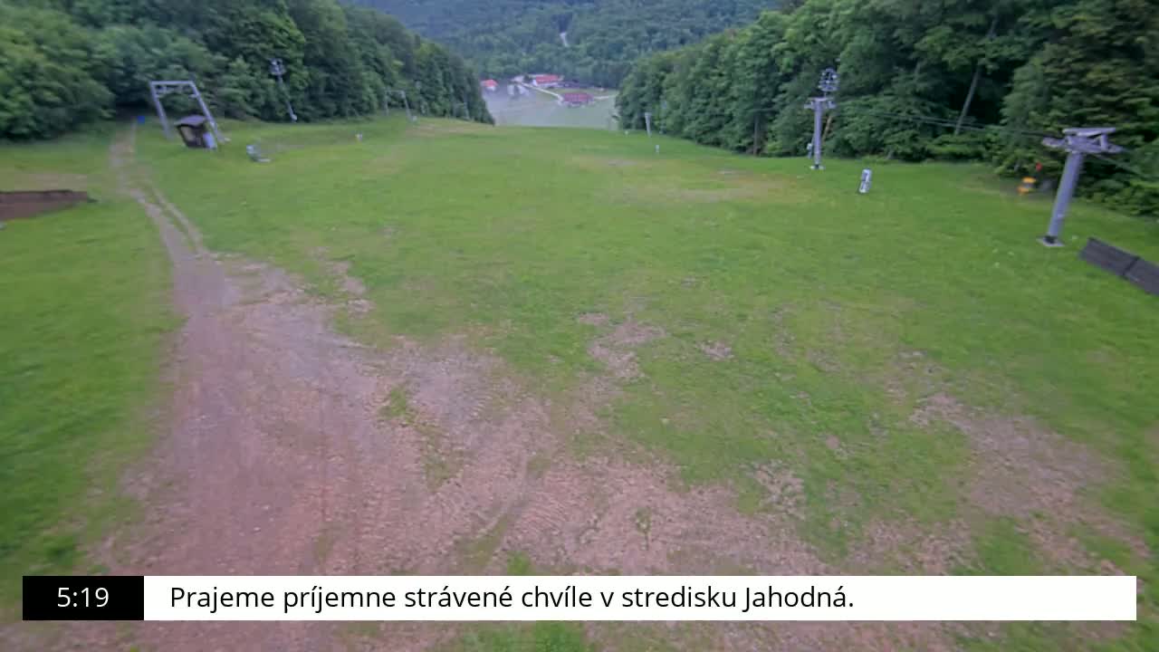 A grassy ski slope with two ski lifts and a dirt path is visible, overlooking a wooded area in the background.