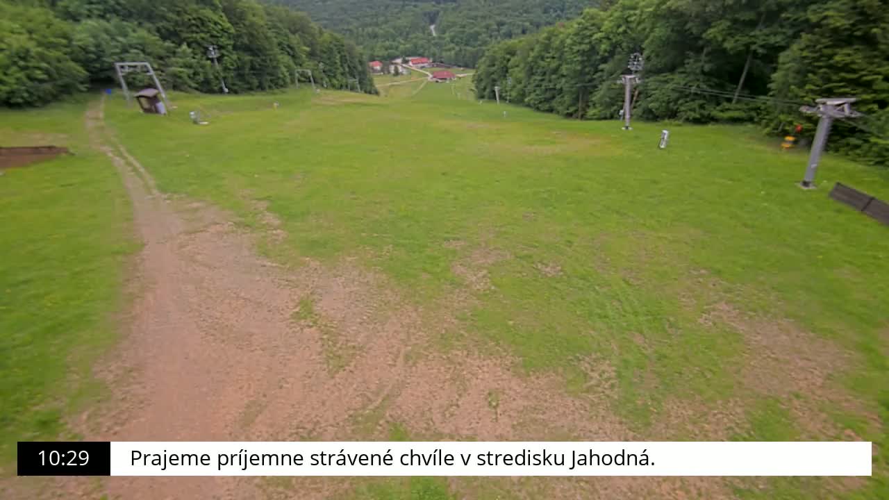 A grassy ski slope, mostly bare of snow, with ski lifts and a dirt path, is situated in a wooded area under a clear sky.