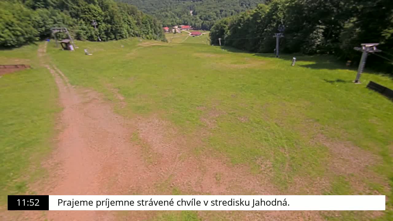 A grassy hill with a dirt path and ski lift infrastructure is visible on a sunny day.