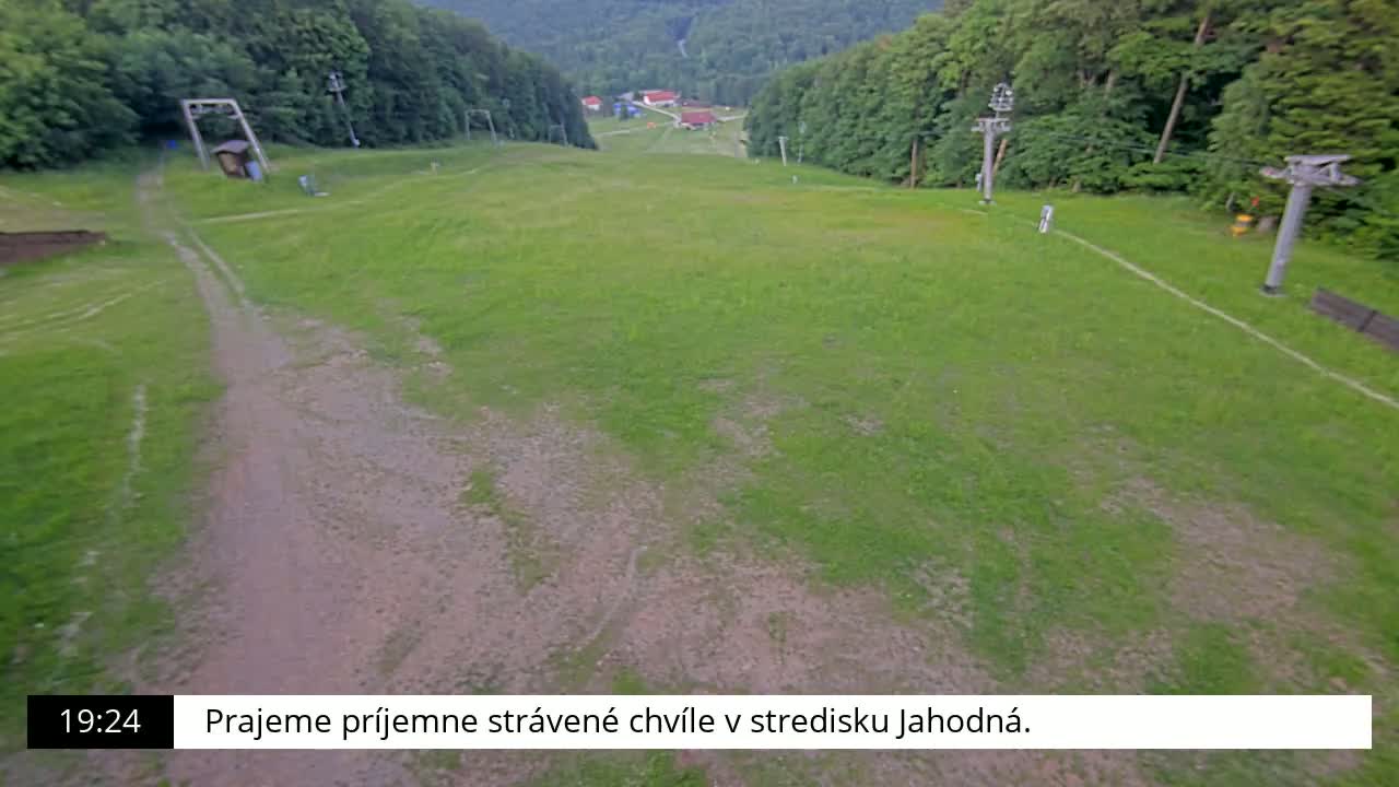 A grassy ski slope with two chairlift towers is visible, surrounded by a forest under a clear sky.