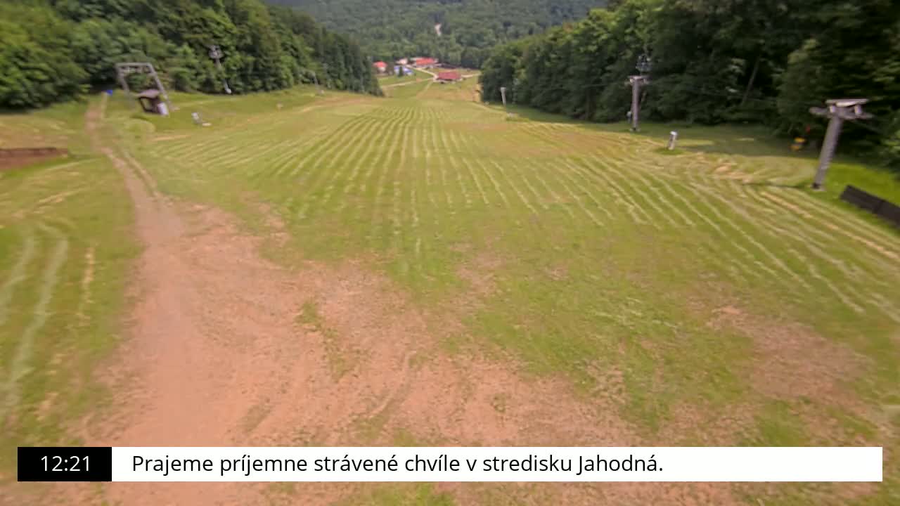 A grassy hill with a dirt path,  lined with ski lifts, is seen on a sunny day.