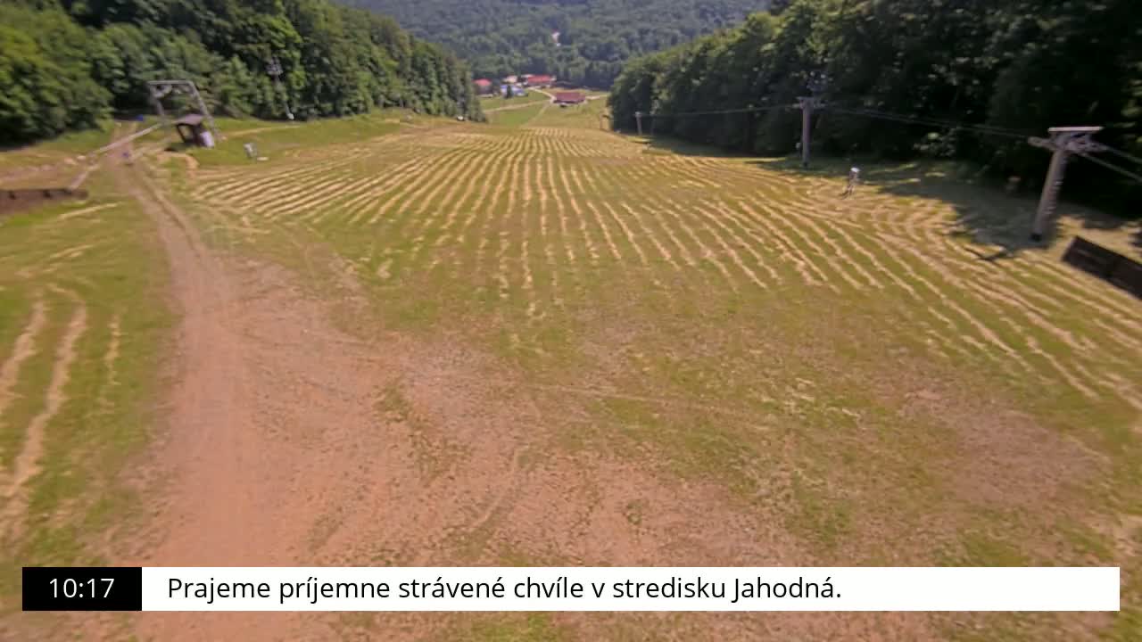 A high-angle view shows a grassy, dirt field with parallel lines in the grass, a dirt road, and ski lift equipment in the background on a sunny day.