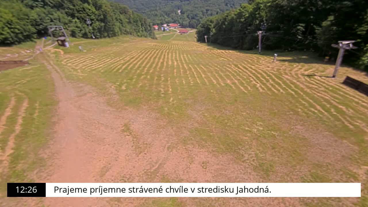 A high-angle view shows a grassy ski slope with parallel lines cut into the grass, two ski lifts, a dirt road, and a small village nestled in the trees in the background on a sunny day.