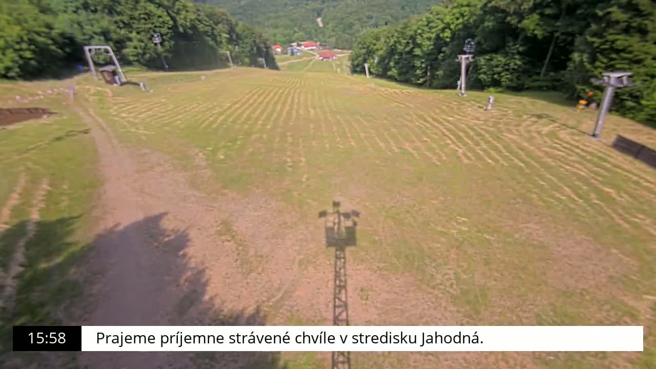 A high-angle view shows a grassy ski slope with chairlift supports and a distant forested area on a sunny day.