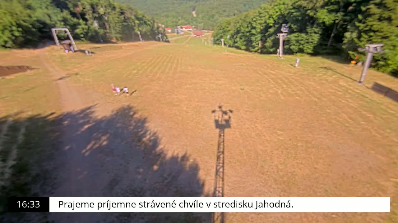 A mostly sunny, high-angle view shows two people walking on a dry, grassy slope with ski lift supports and their shadows.