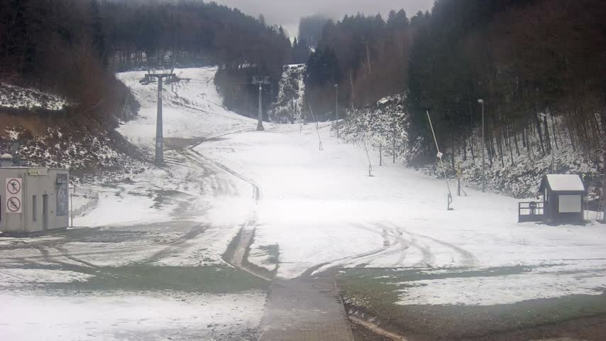Under a cloudy, grey sky, a partially snow-covered ski slope, revealing patches of green and brown ground at its base, winds up a hillside flanked by bare trees and features several ski lift towers and small base structures.