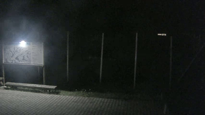 A lit map is mounted on a post next to a bench at night, in front of a dark fence.