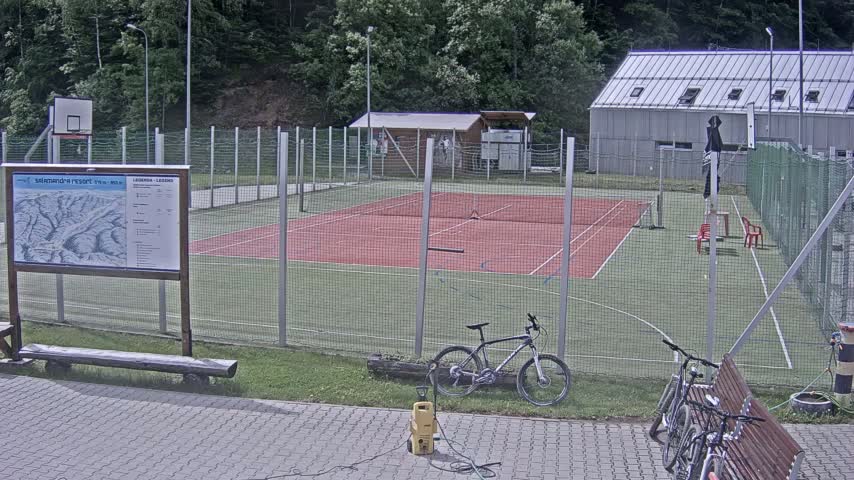 A tennis court and basketball court are enclosed by a chain-link fence, with bicycles and a pressure washer nearby on a partly sunny day.