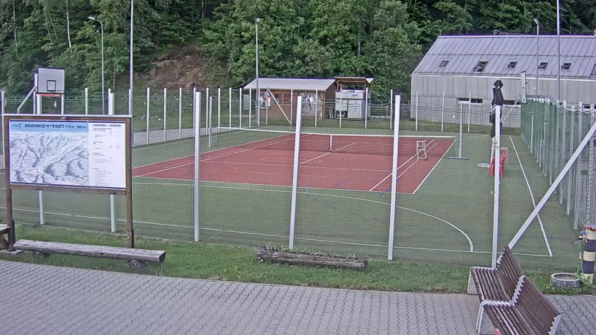 An outdoor tennis and basketball court with a surrounding fence, and a small building in the background, on a partly cloudy day.