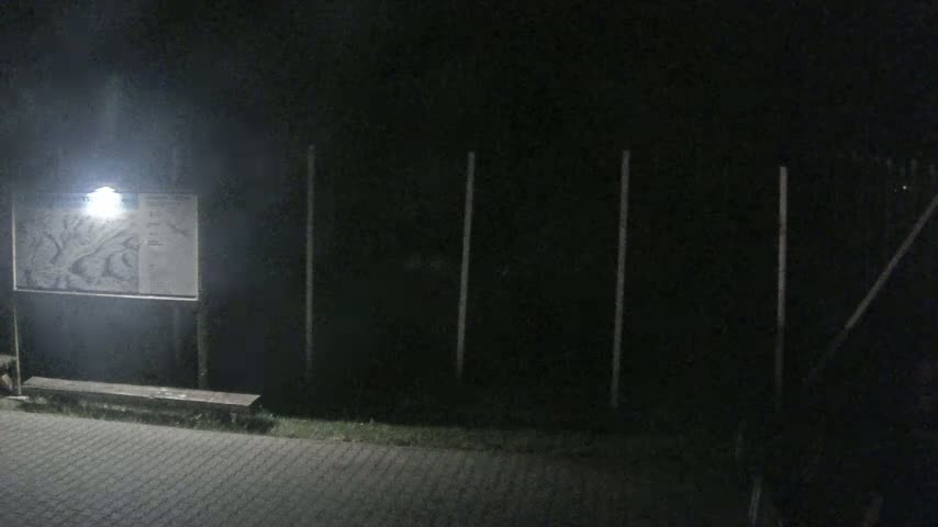 A lighted map sits on a post next to a bench in front of a dark fence at night.