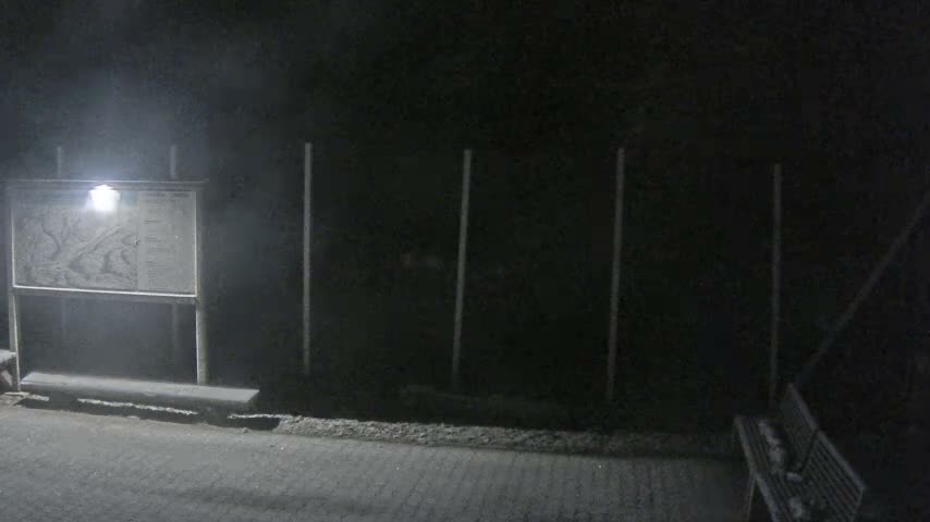 An outdoor scene at night shows a brightly lit information board with a wooden bench beneath it on the left, a paved path leading to the right where another bench and vertical posts are faintly visible against a dark background, under hazy night conditions.
