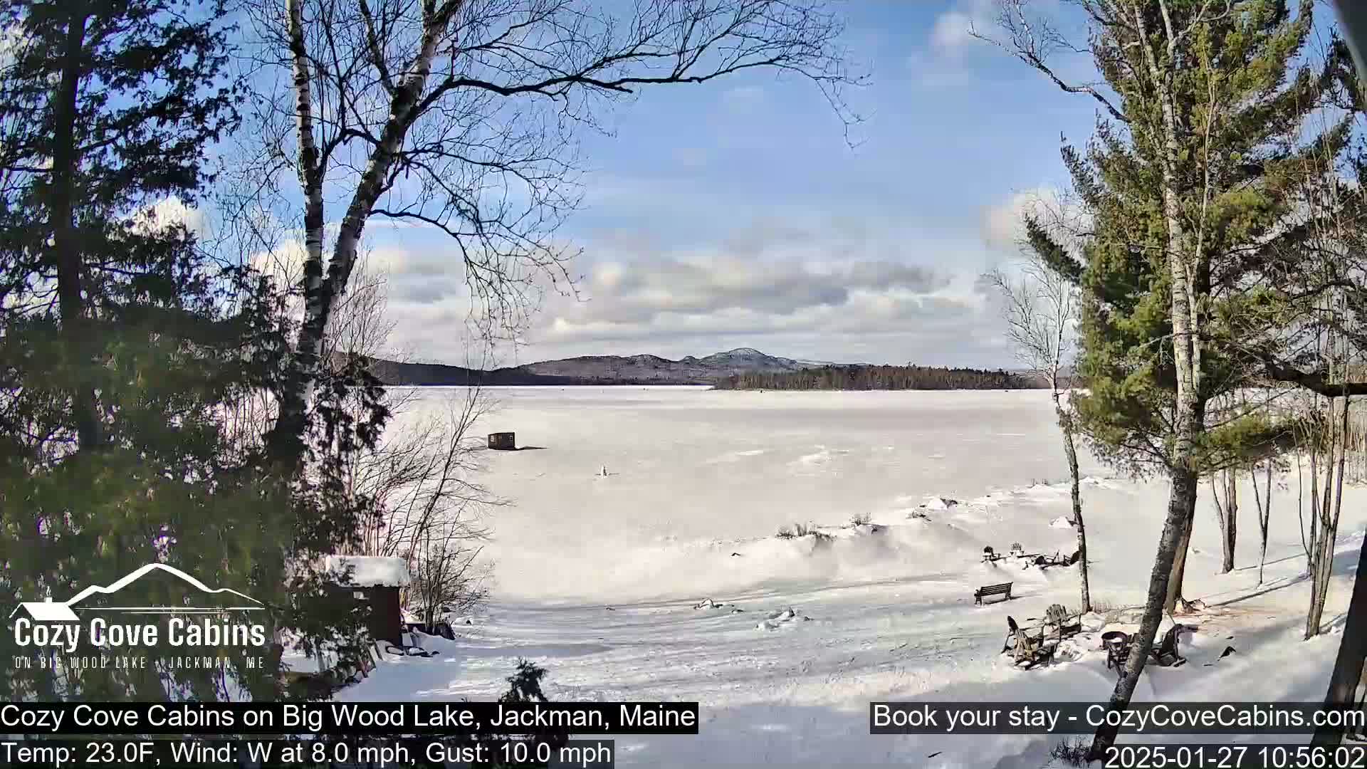 A snow-covered frozen lake is seen from a snowy lakeshore, with bare deciduous trees and evergreens in the foreground under a partly sunny sky.